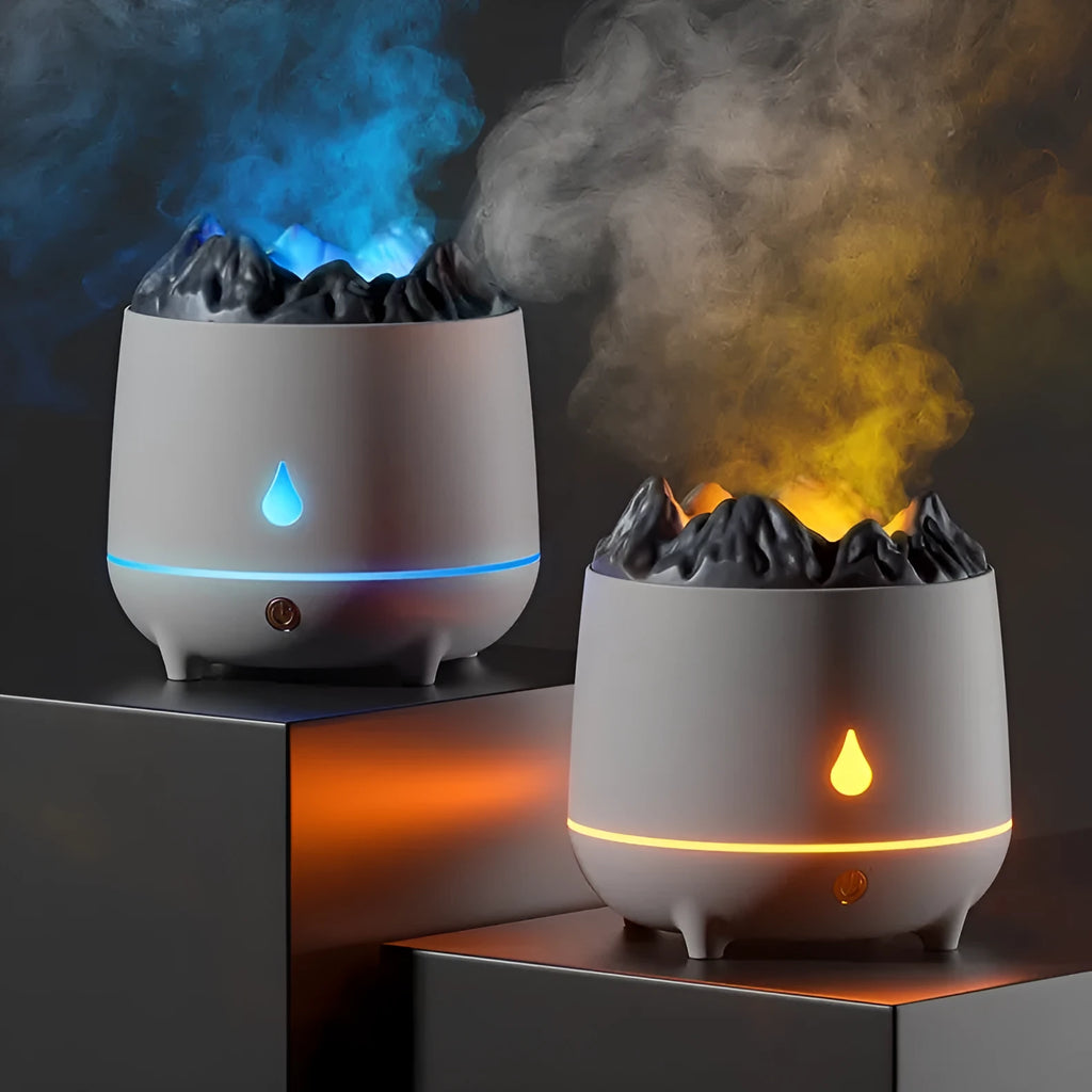 White volcano-shaped ultrasonic humidifier with USB cable for room moisture control