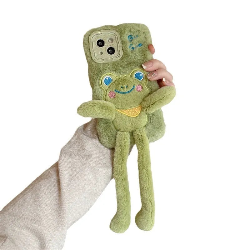 Green cartoon furry frog phone case with pull-out bracket on phone