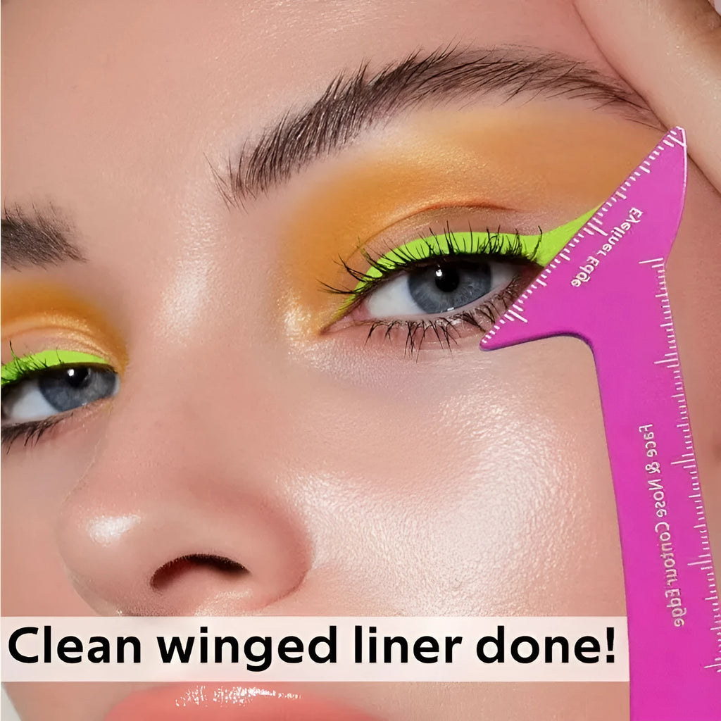 Set of three reusable pink plastic makeup stencils for eyeliner, eyebrows, and nose contour on a plain background.