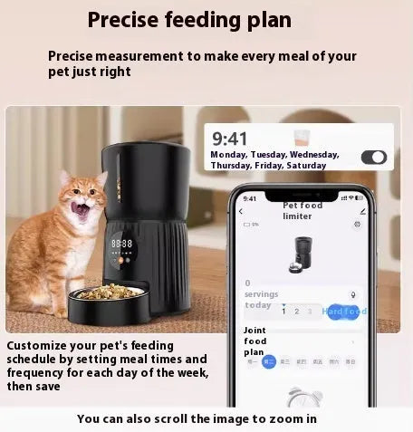 Black and white automatic pet feeder with digital display, food hopper, and USB cable.