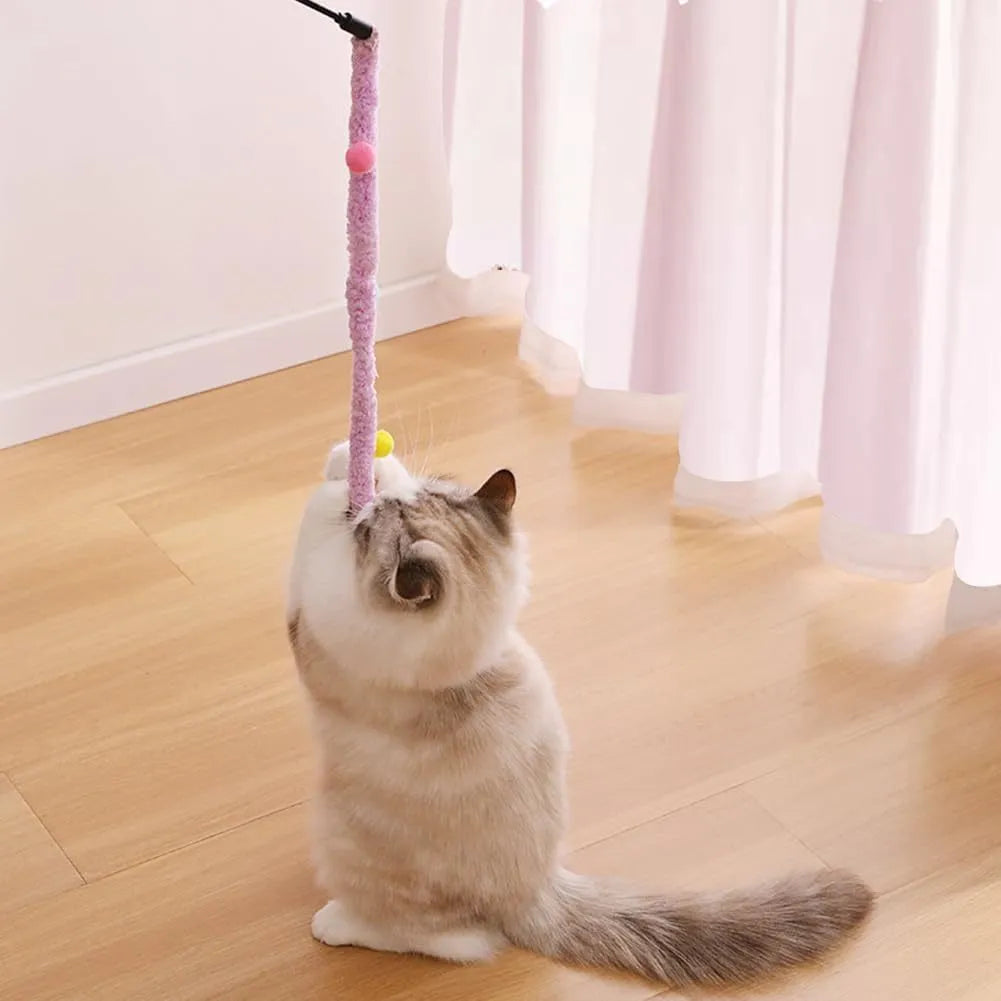 Colourful cat wand toy with long plush strip, fluffy ball, and bells on 41cm pole