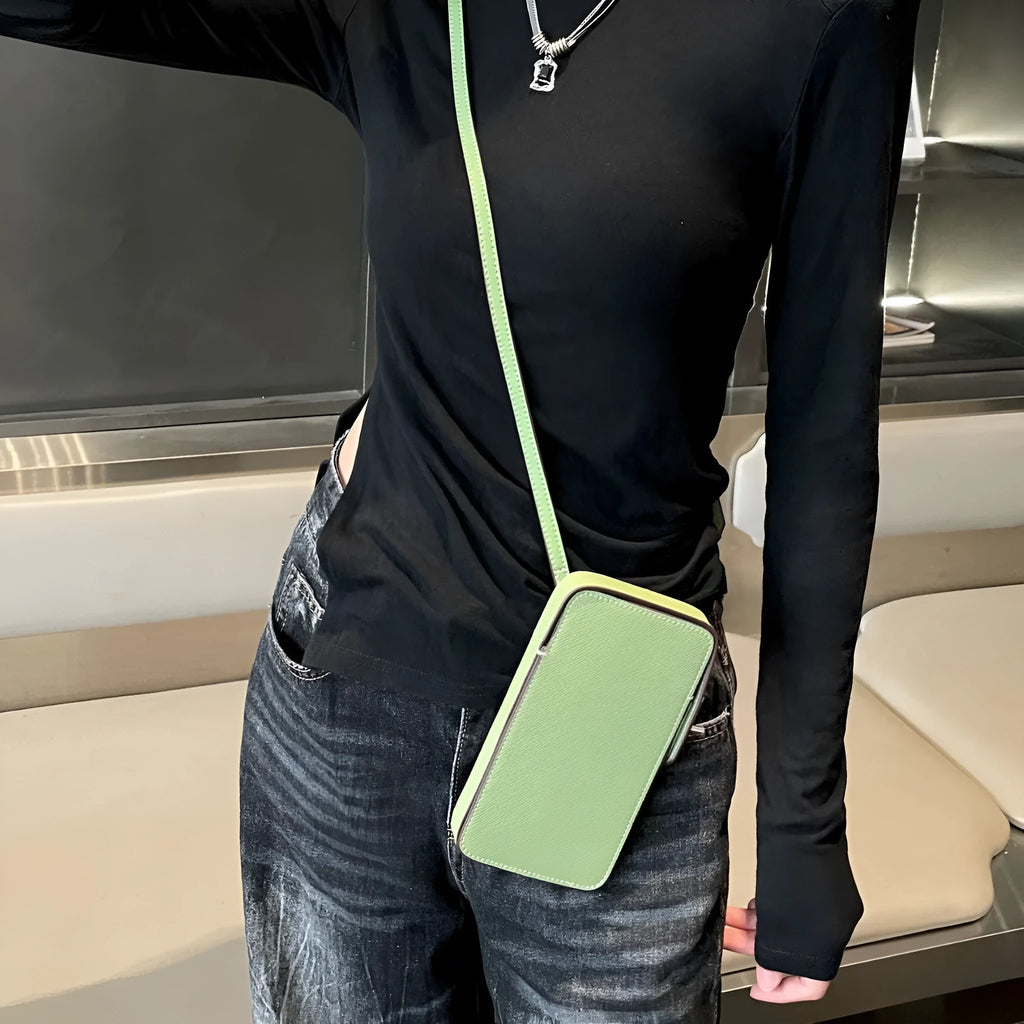 Genuine leather twist lock mini phone bag with palm print texture in square vertical shape