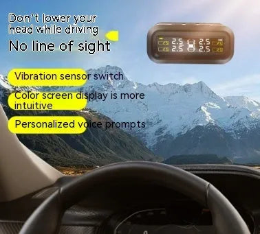 Wireless car tyre pressure monitor with colour screen display and solar panel