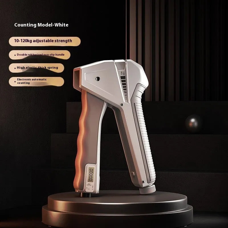 Adjustable PP plastic hand grip strengthener showing spring mechanism and available colour variants.