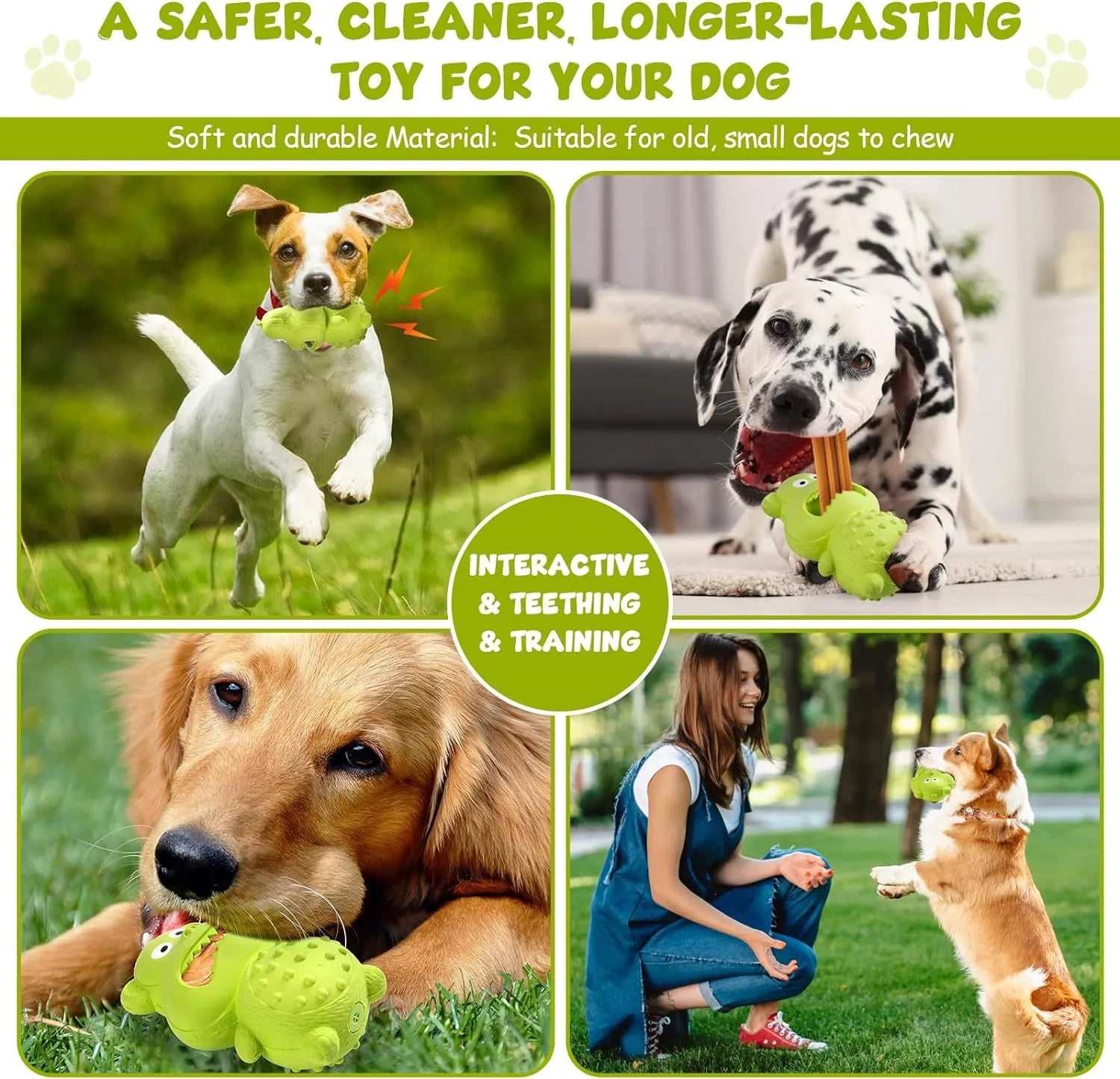 Green and yellow natural rubber squeaky dog chew toy for large dogs.