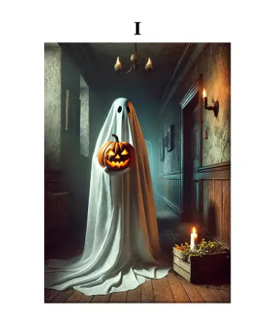 Canvas wall art showing pumpkin Halloween decoration with ghost tea party scene, three sizes available
