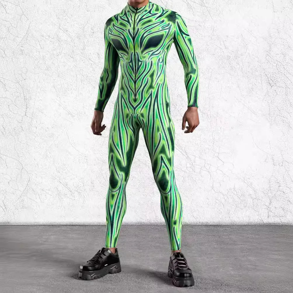 3D digital print Halloween cosplay jumpsuit in street hipster style on a model, spandex blend one-piece costume