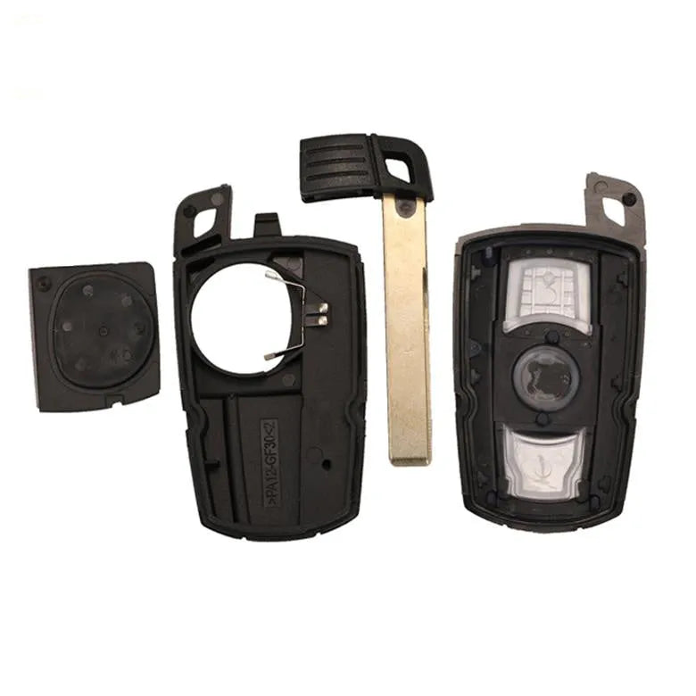 BMW HU92 semi-intelligent three-button car key remote fob with metal and plastic construction.