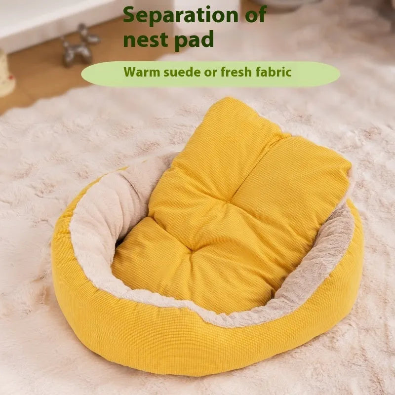 Winter fleece-lined cat nest in gray, khaki, or bright yellow, sizes S to XL, removable washable pet bed