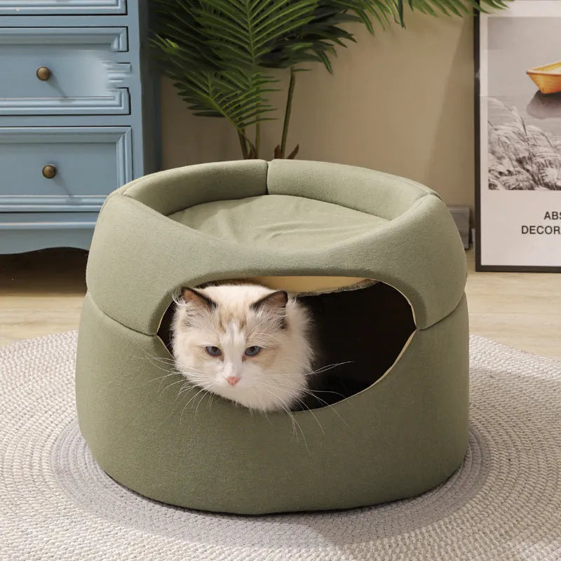Tree hole warm kennel for small dogs and cats, grey fabric enclosed bed with entrance hole, 45x33x37 cm
