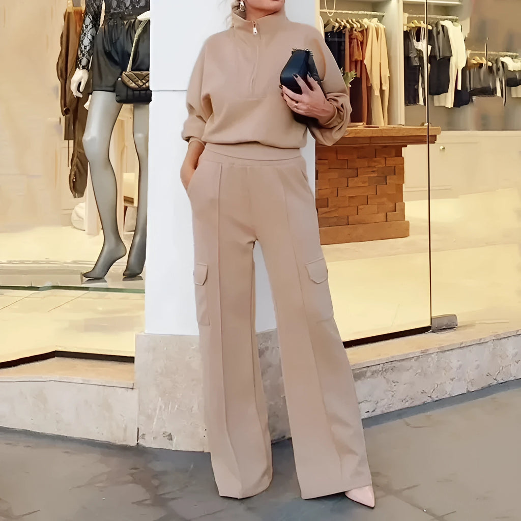 Light camel women's lapel top and high-waisted wide leg trousers two-piece workwear set