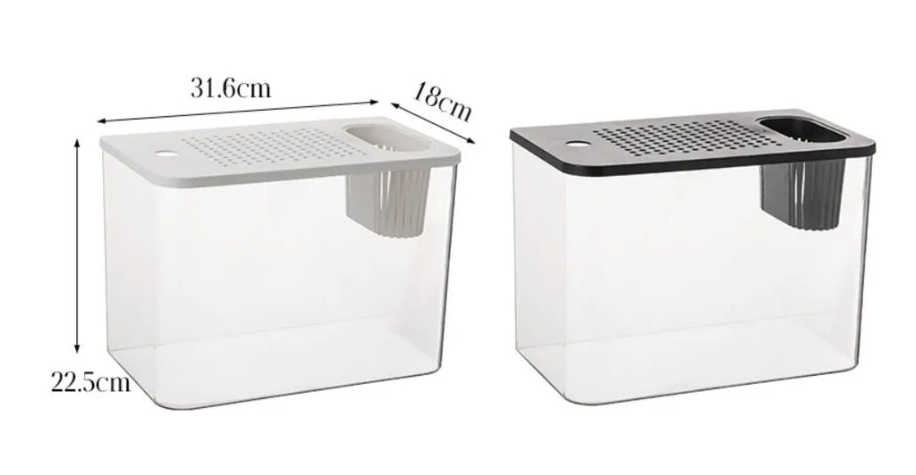 Black Ecological Betta Tank with clear plastic cover on a wooden table.