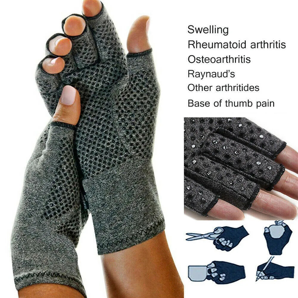 Grey half finger joint compression gloves showing anti-slip texture on palm.