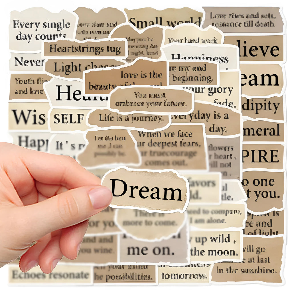 Pack of 25 torn English design decorative stickers for laptops and notebooks.