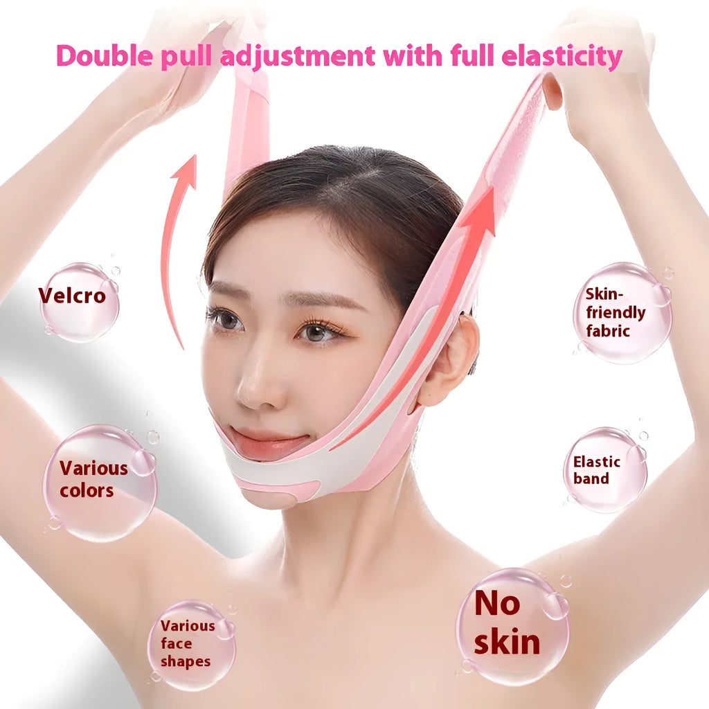 Pink and black elastic V-shaped face bandage for facial contouring
