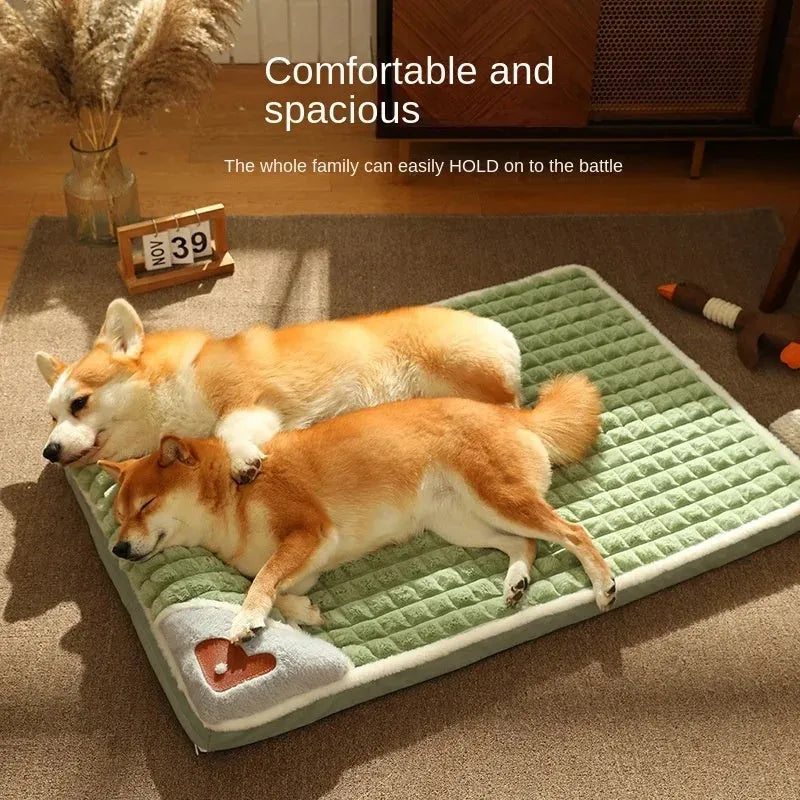 Large grey fleece dog mat with removable cover shown in a dog crate.