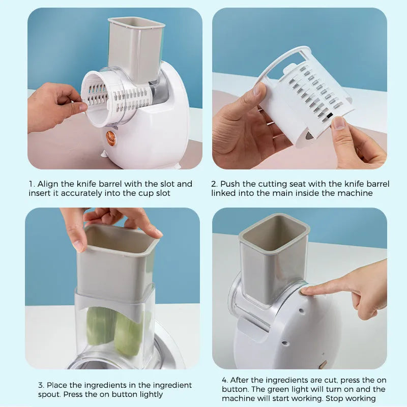 White electric vegetable slicer with suction base and rotary cutting mechanism for kitchen use
