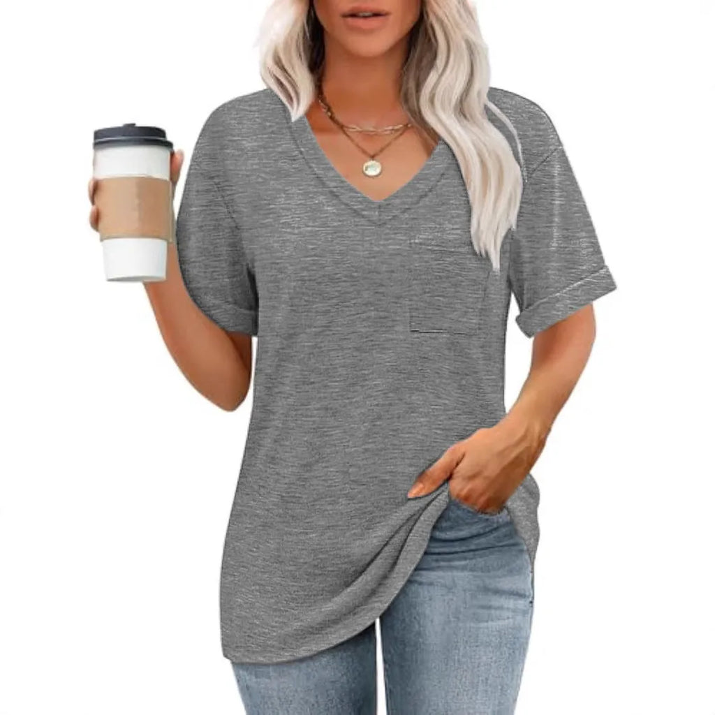 Grey loose-fit men's V-neck t-shirt with a chest pocket on a solid background.