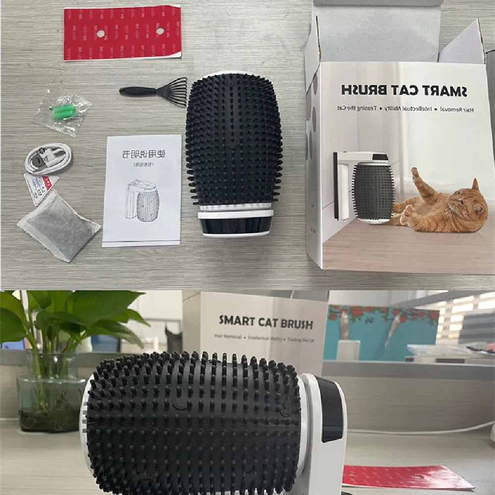White automatic cat self-groomer mounted on wall corner with USB cable connection