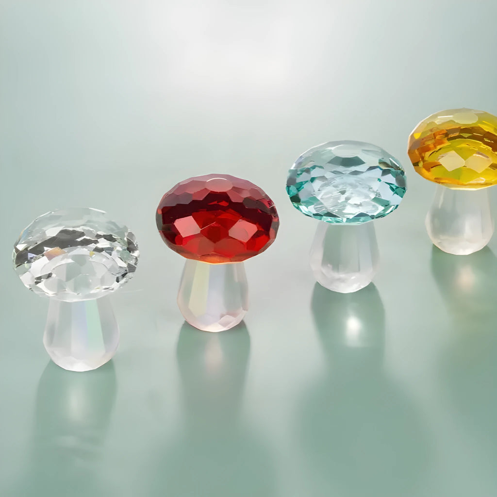 Colourful geometric crystal mushroom decoration in transparent, green, red, or yellow, 40mm by 53mm.
