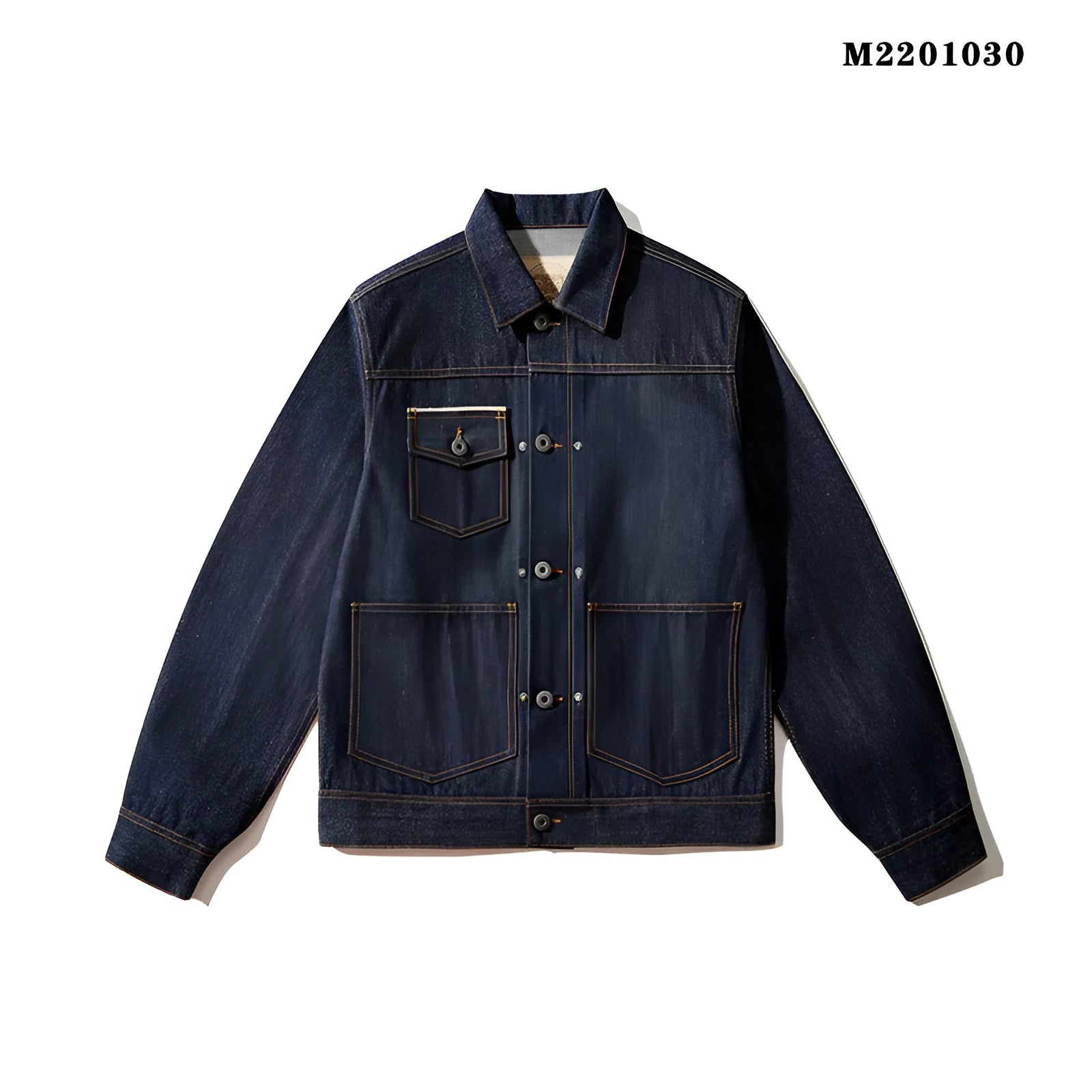 Man wearing a raw pulp coloured loose-fit Japanese-style jacket with patch pockets.