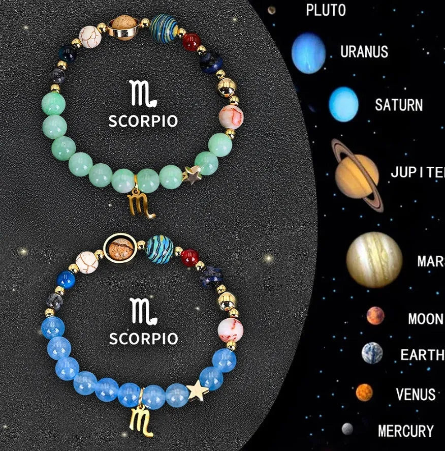 Two natural stone beaded bracelets with zodiac sign charms on an adjustable cord.