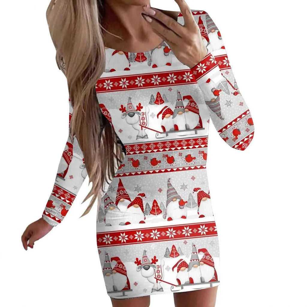 Women's tight-fitting red Christmas dress with animal print pattern, featuring long sleeves and a short hip skirt.