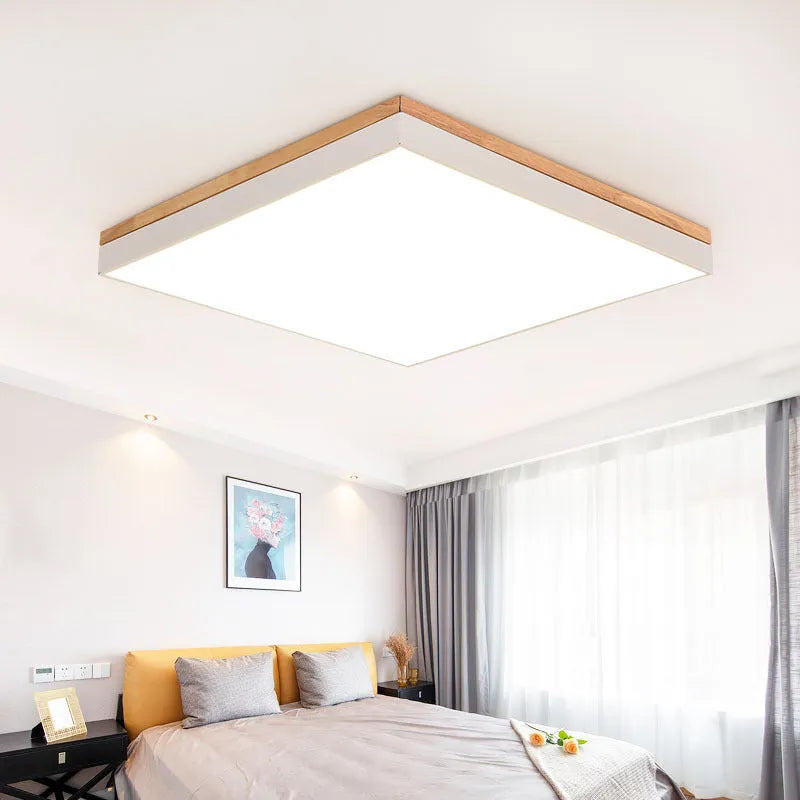 Round solid wood and iron LED ceiling lamp in a Nordic design, shown in a white finish.