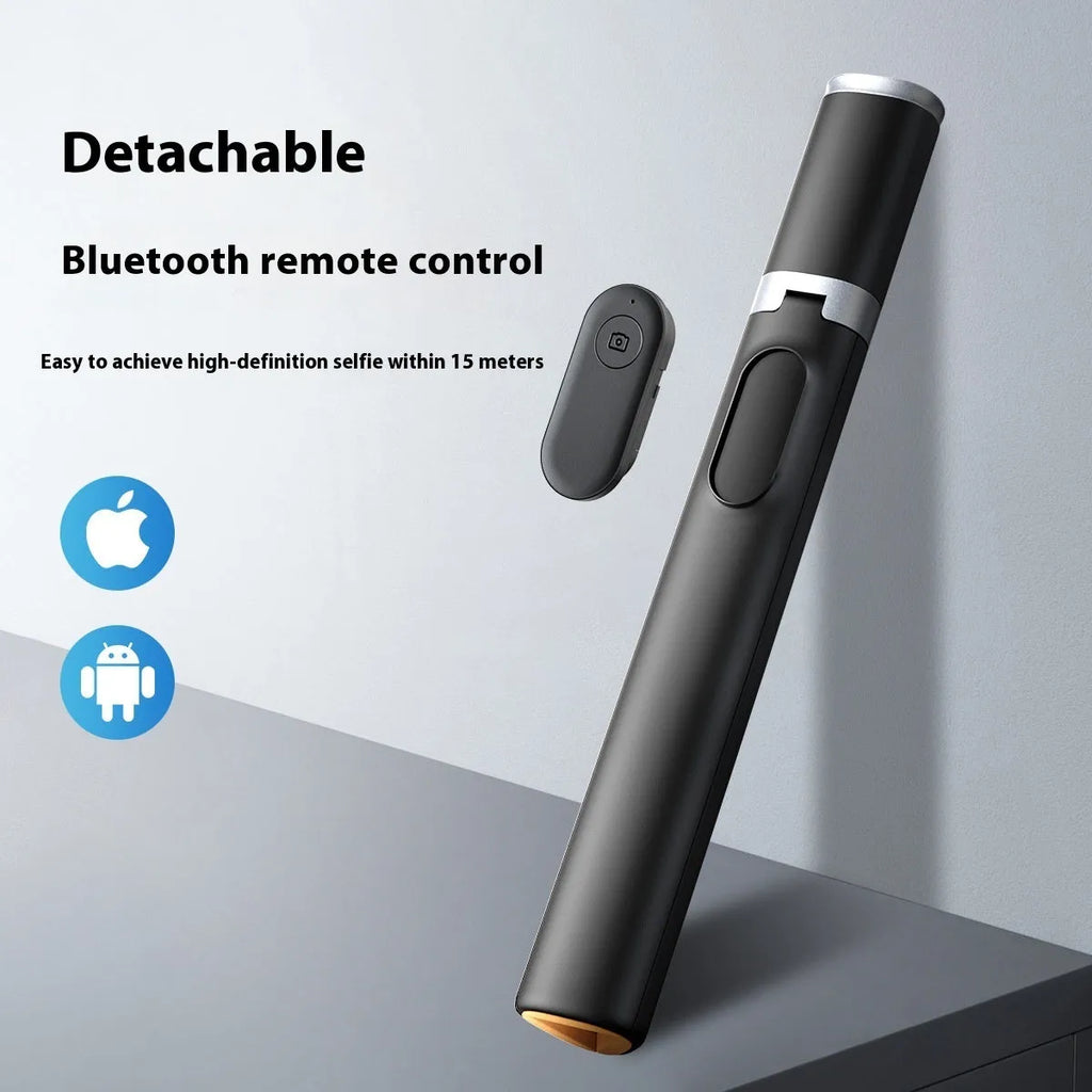 Mobile Bluetooth live streaming integrated stand selfie stick in black alloy on a tabletop with smartphone attached for hands-free recording.