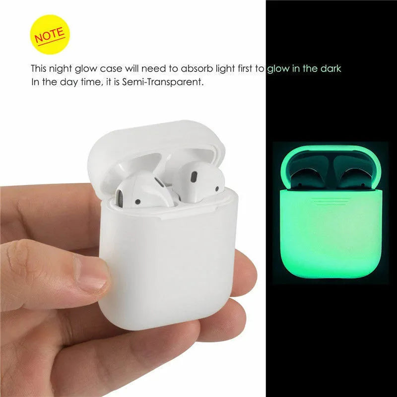 Luminous silicone protective case for Apple AirPods showing flip-top open and closed
