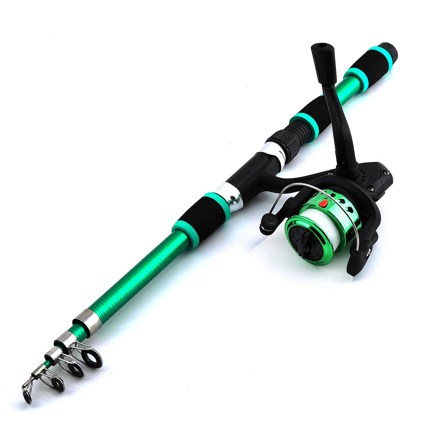 Children's beginner fishing rod kit with a blue pole and matching reel on a green background.
