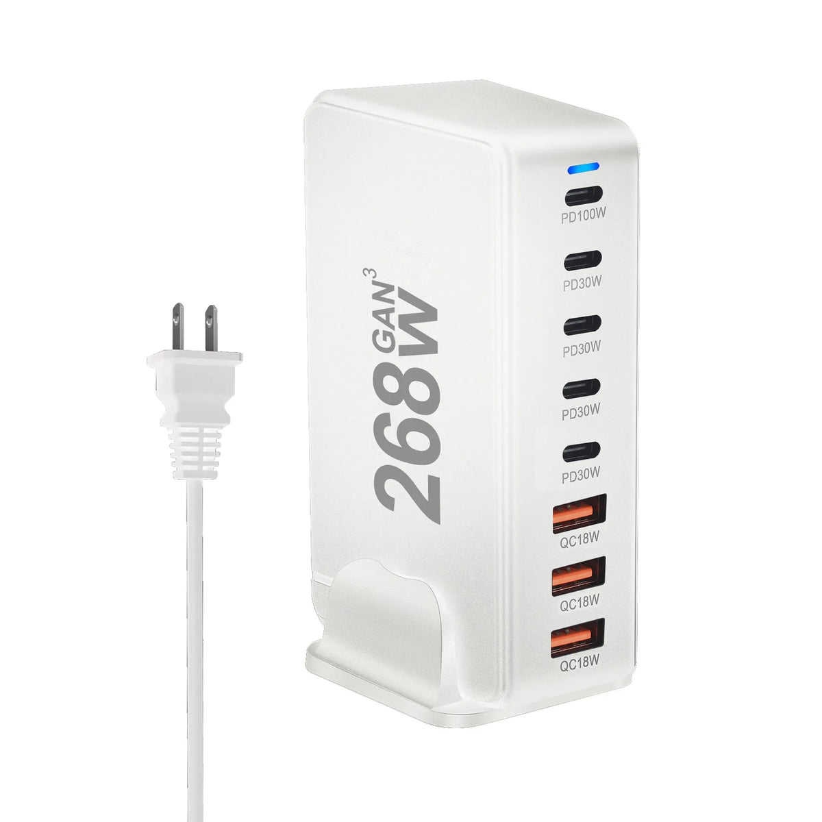 268W gallium nitride 8-port desktop charger with 5 USB-C and 3 USB-A ports in white colour