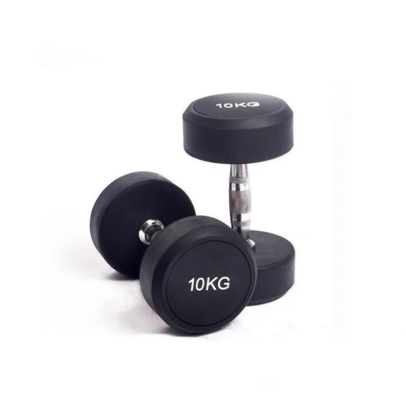 Black rubberized cast iron round head dumbbell on floor, available in 1kg 2.5kg and 5kg weights