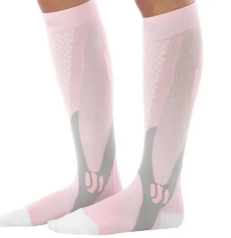 Unisex graduated compression socks in various colours with size measurement details
