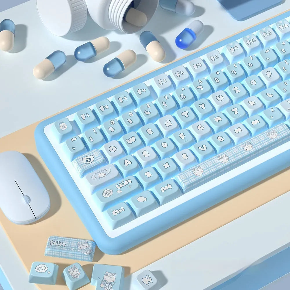 Watercolour cat design custom keycap set for mechanical keyboards, showing multiple PTB keycaps with opaque legends.