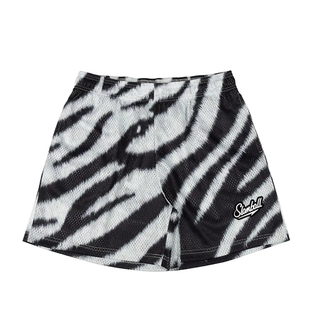 Men's leopard print quick-dry fitness shorts with mid waist and shorts length.