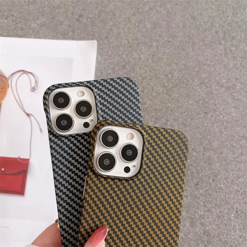 Frameless carbon fibre pattern hard shell phone case with bracket, plaid design, compatible with iPhone 12-16