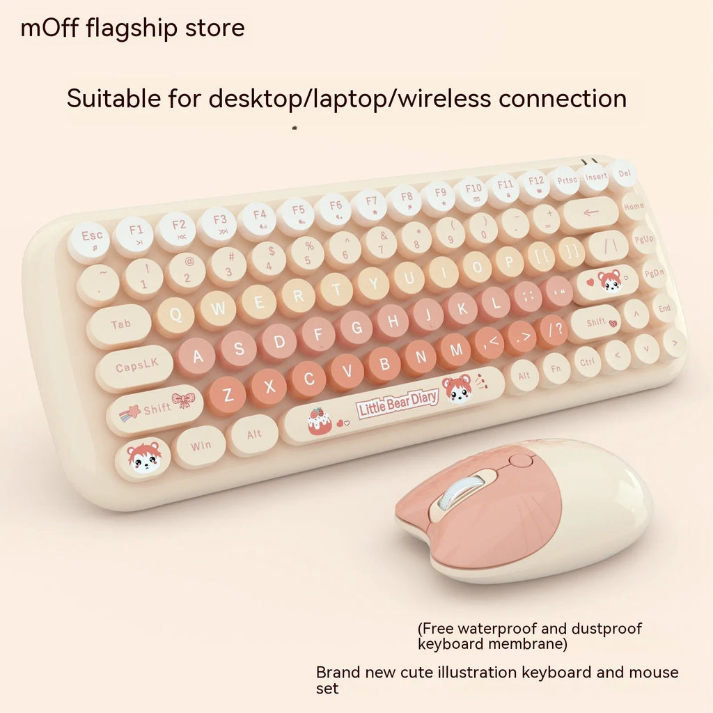 Candy pink wireless keyboard and mouse set with cartoon design on compact 43.5cm keyboard