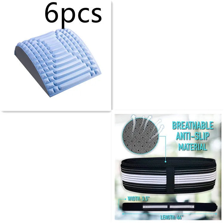 Blue back stretcher pillow for lumbar and neck support on a grey background.