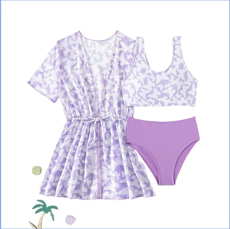 Girls' three piece split swimsuit set in colour 3218, showing coat, vest, and trousers.