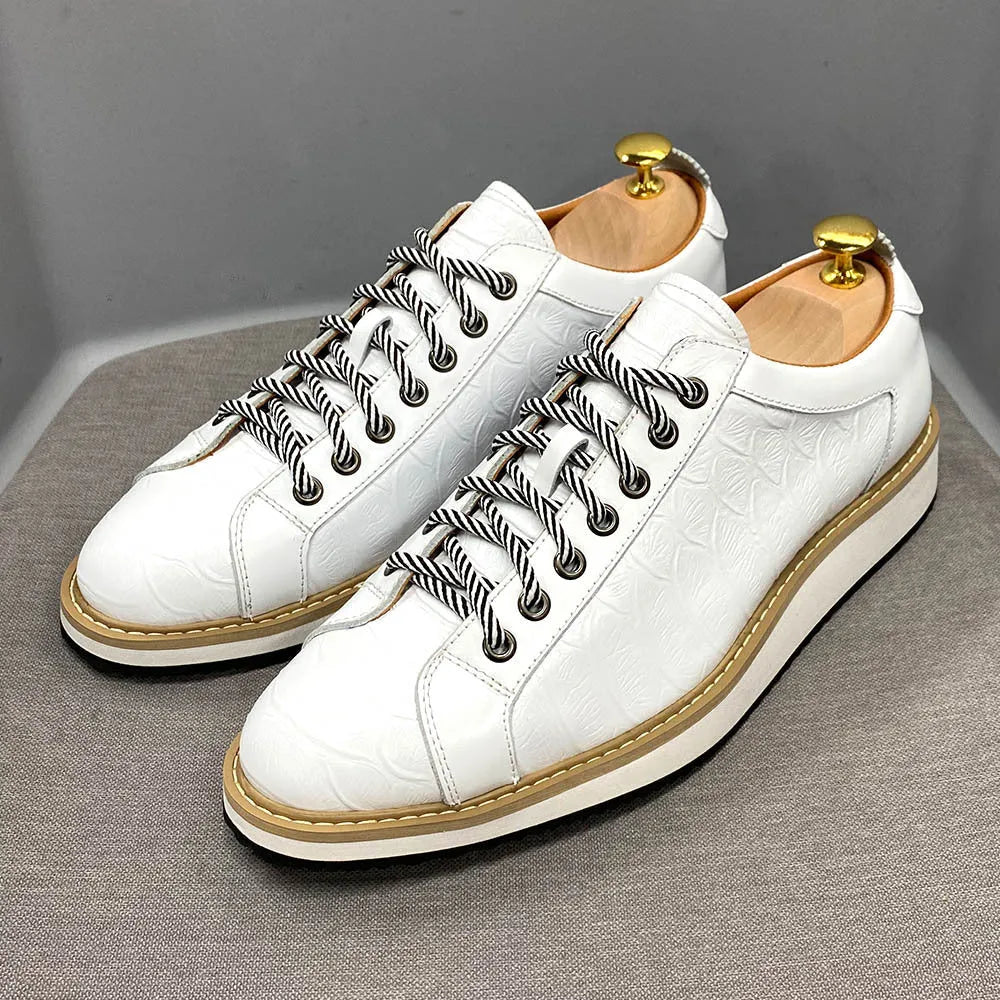 Men's low-top handmade shoes with embossed pattern, front laces, in black, green, white, or grey.