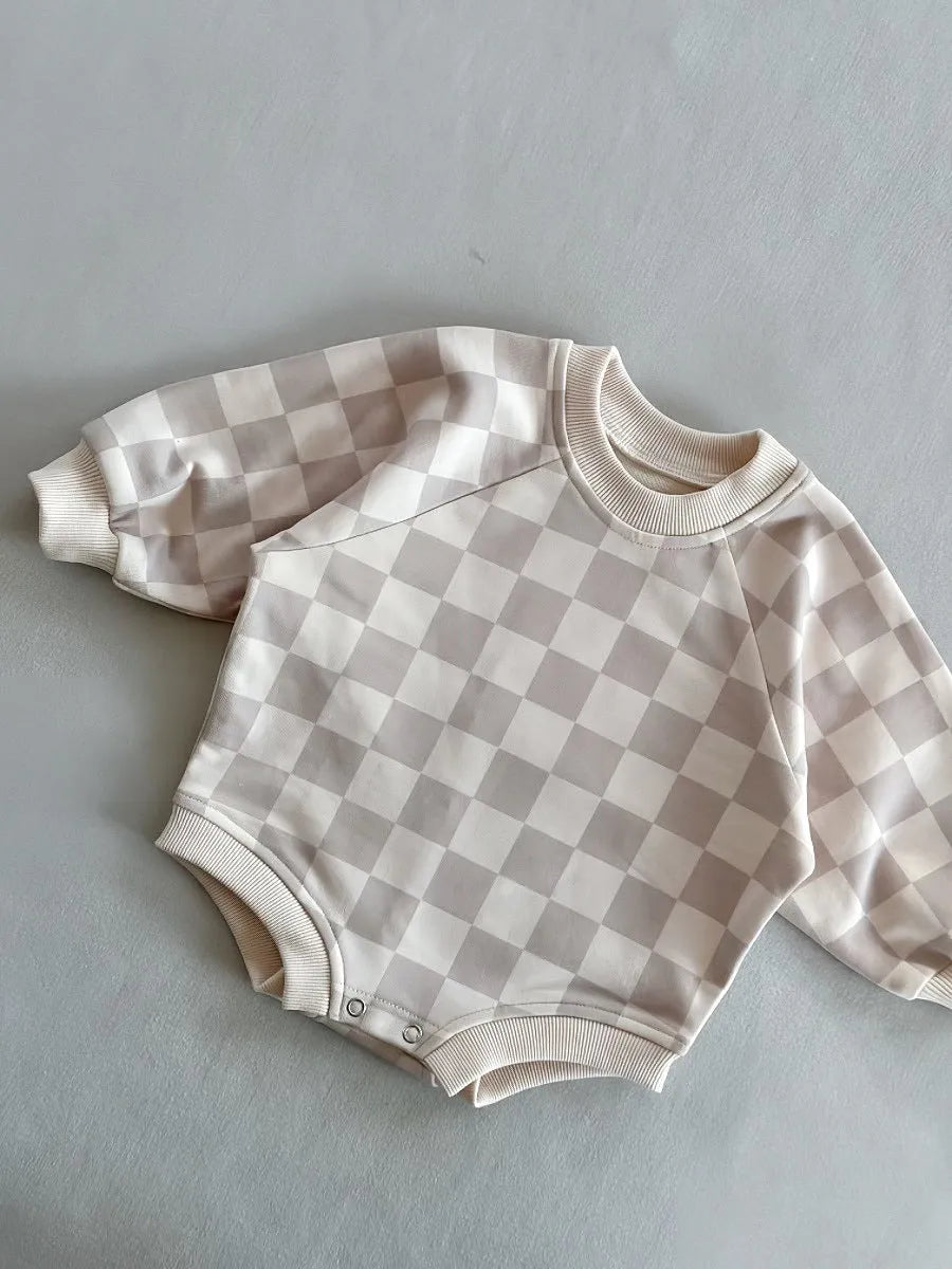 Baby one-piece cotton chessboard plaid pullover jumpsuit in brown plaid, long sleeve, unisex
