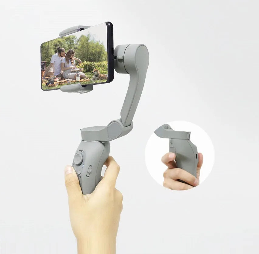 Folding three-axis mobile phone gimbal stabiliser shown in both unfolded and compact folded configurations