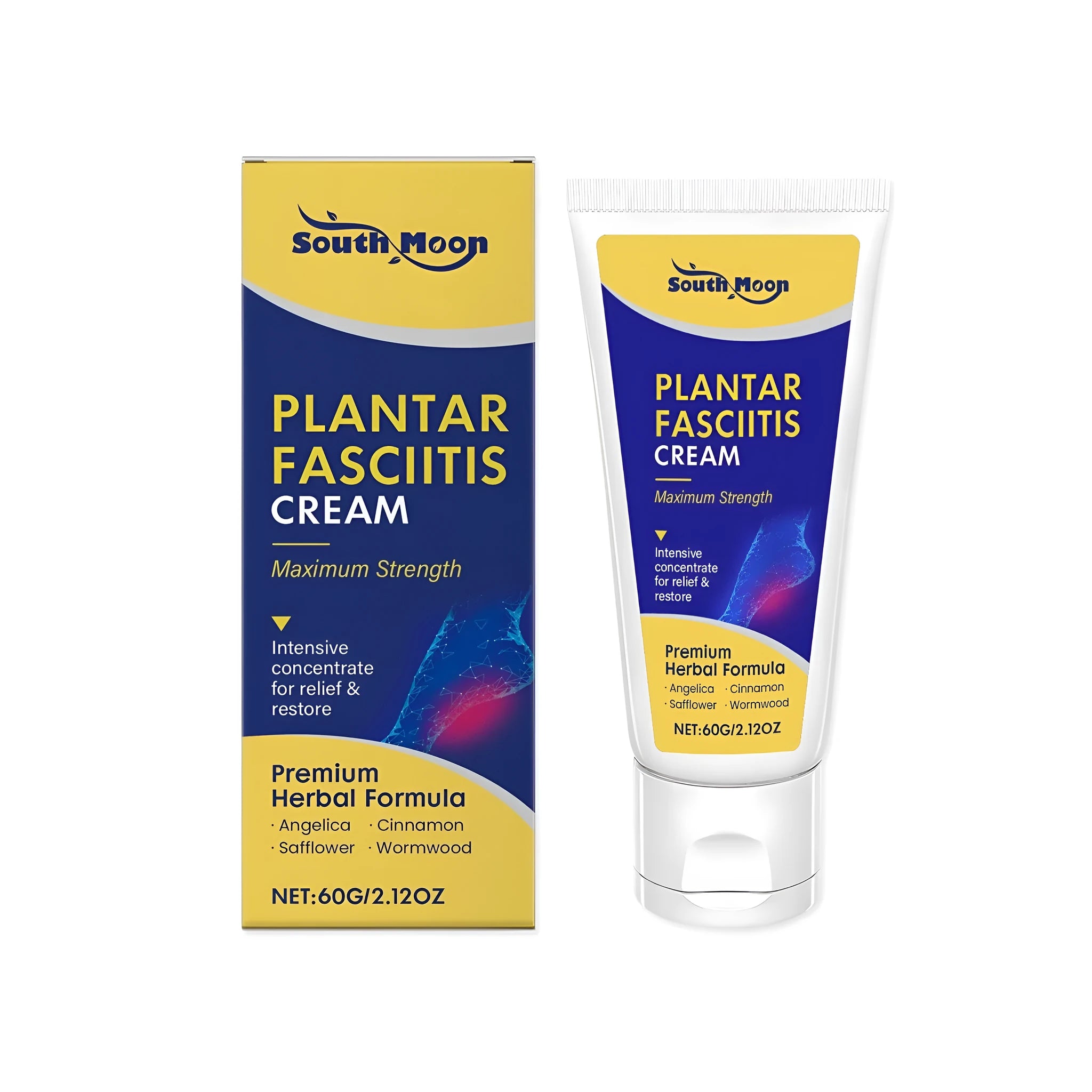 A 60g tube of foot relief cream containing mint leaves, cinnamon oil and glycerin.