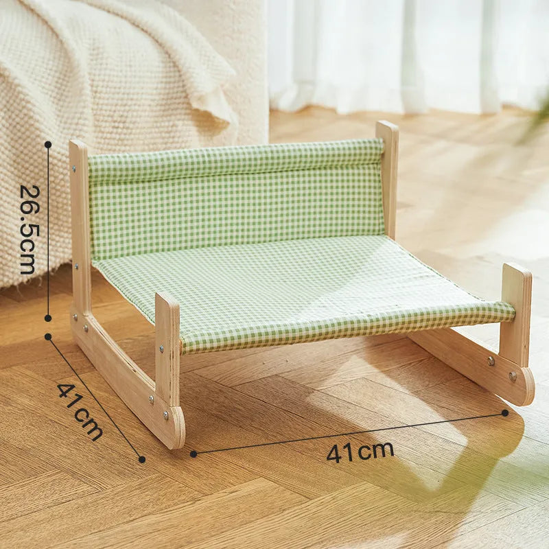 Wooden frame cat hammock bed with soft cloth seat in blue colour