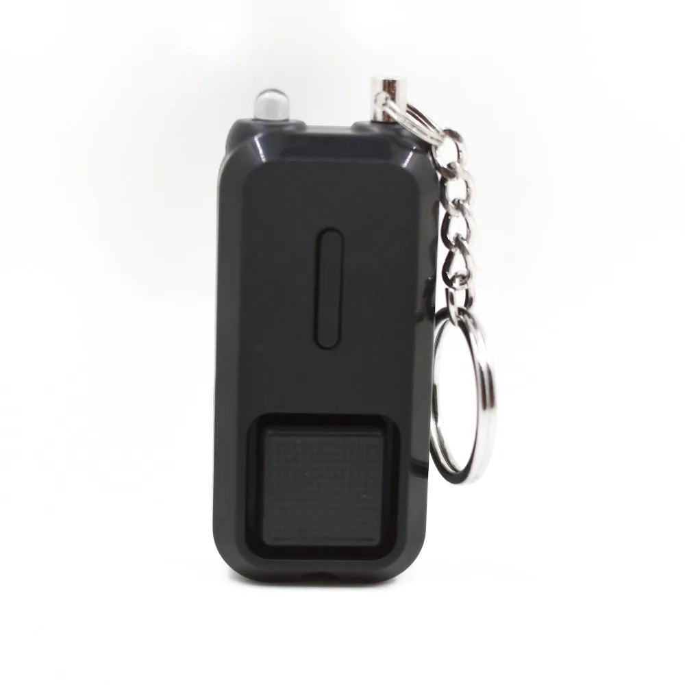 ZQ-202 personal safety alarm in pink, black, white, yellow, or green colours on a keychain.