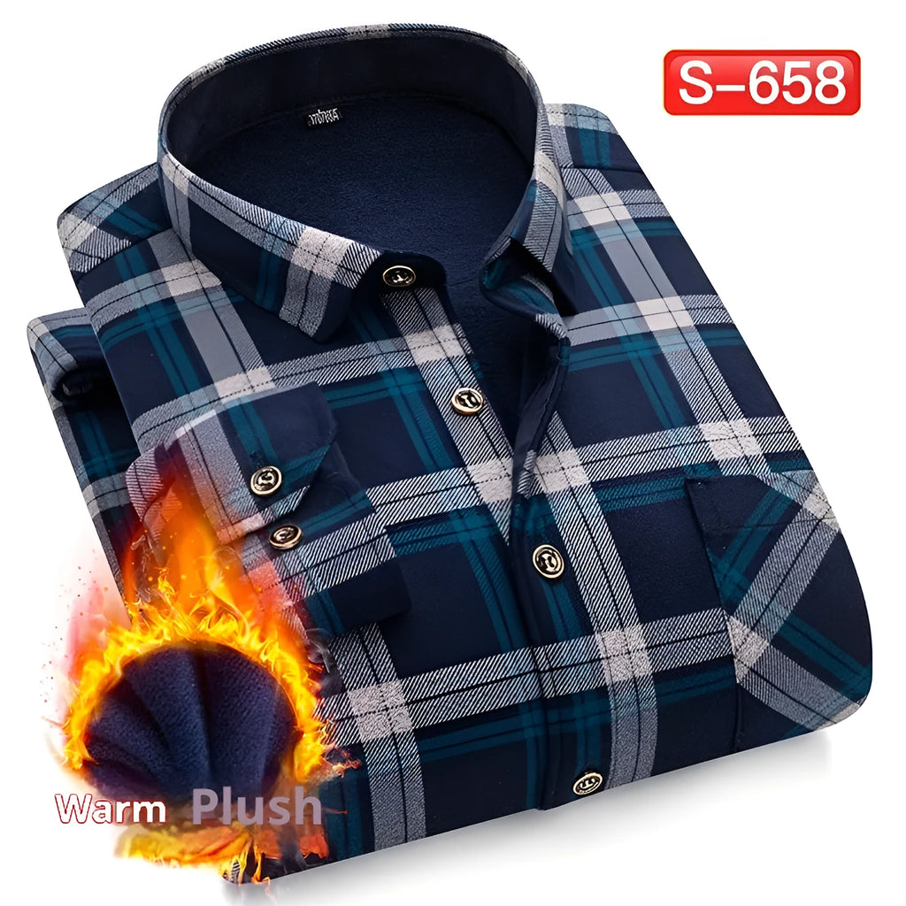 Men's fleece lined padded shirt long sleeve autumn winter warm middle-aged cardigan in double-sided velvet fabric