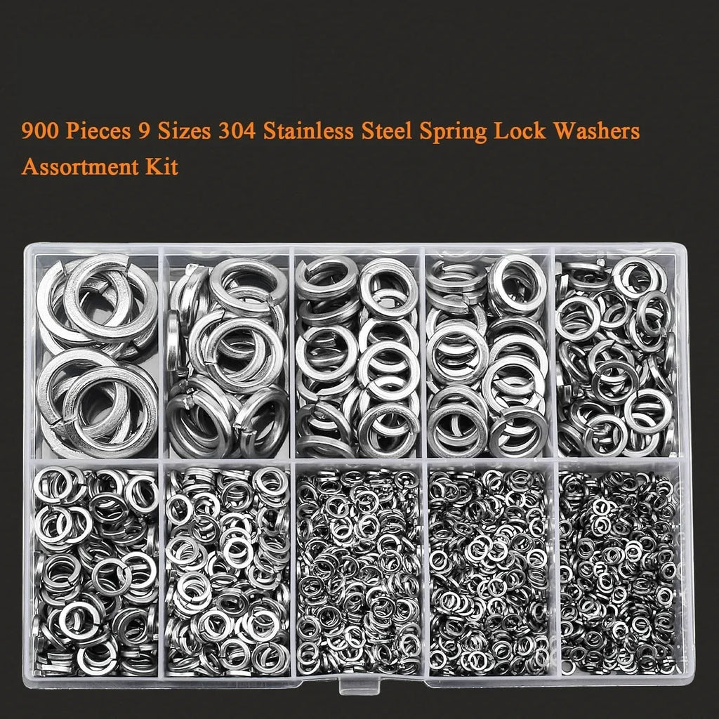 Open box showing assortment of 304 stainless steel spring lock washers in various sizes from 2mm to 12mm.