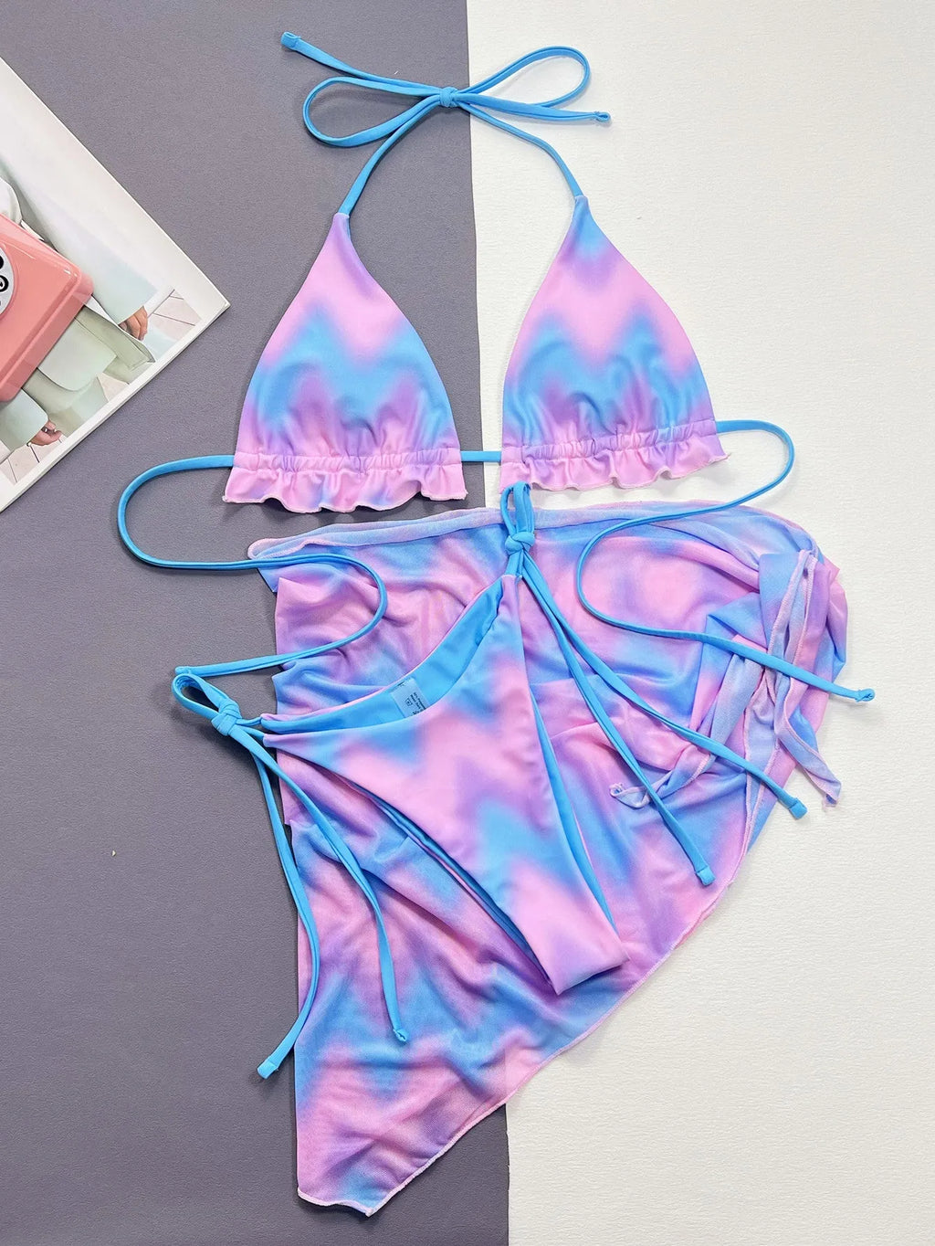 Women's split tie-dye swimsuit bikini set with skirt, bra, and panties for swimming