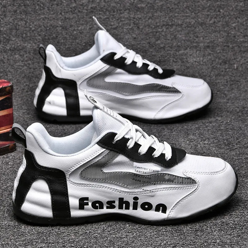 Men's breathable mesh sports shoes in black, low top lace-up with rubber sole and mid heel